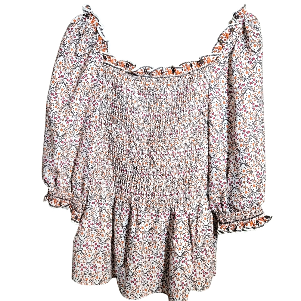 NWT Max Studio Smocked Peplum Floral Puff Sleeves Square Neck Top Size Medium